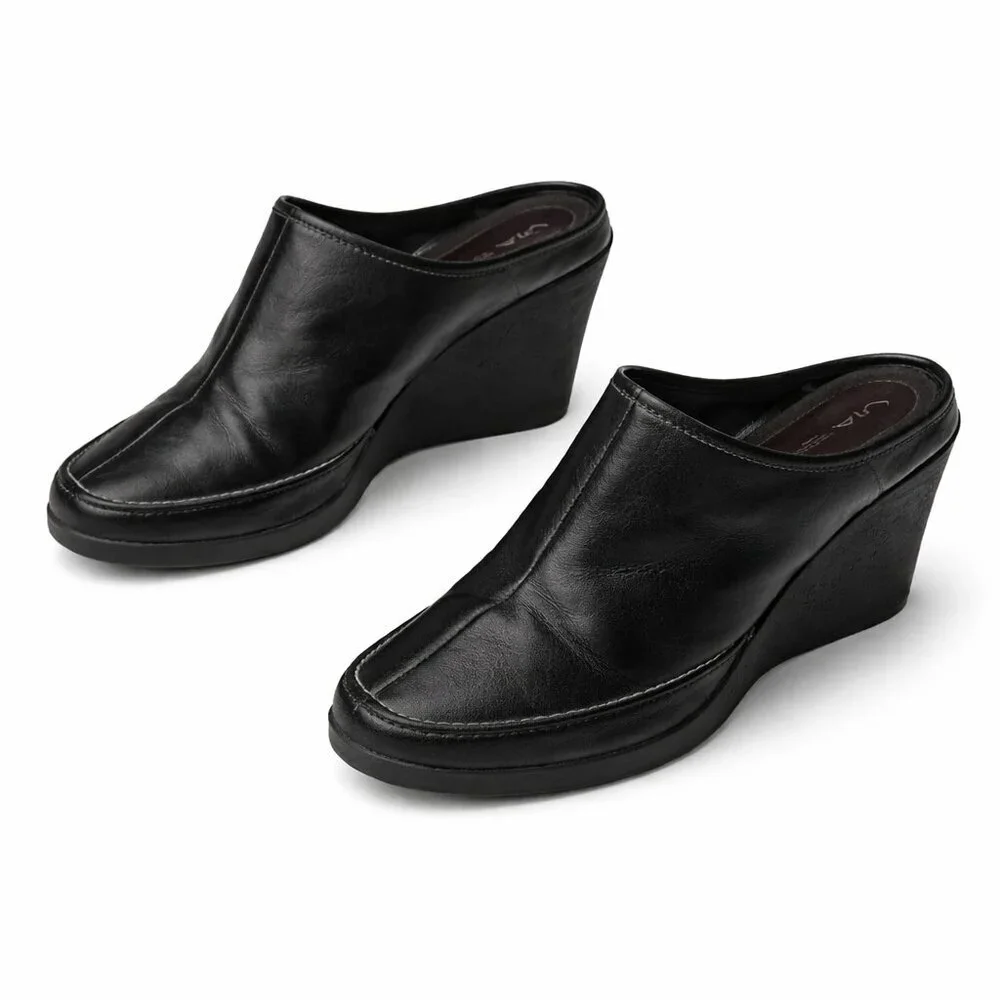 VIA SPIGA Leather Black Wedge heel Mules Clogs Shoes Size 6.5M